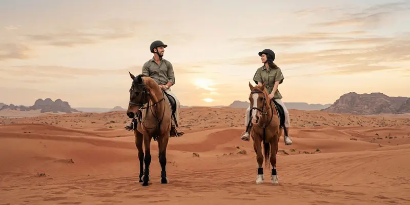Couple on horseback pausing on red sand dunes to look at each other during a sunset desert ride in Jeddah.