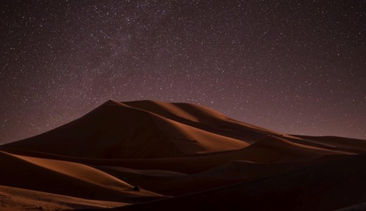 A breathtaking view of the Milky Way stretching across a dark, star-filled sky above a tranquil desert camp, capturing the Nighttime Experiences in the Desert and stargazing opportunities.