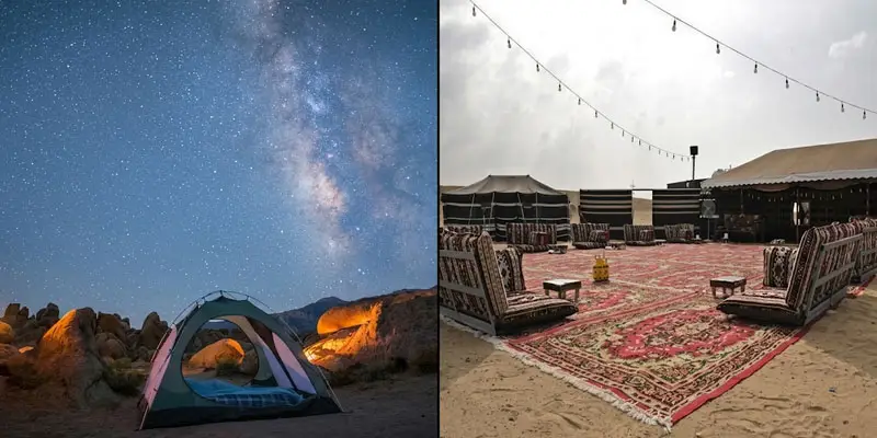Split view showing stargazing from a camping tent under the Milky Way on the left and a traditional Bedouin desert camp with carpets and low seating near Jeddah on the right.