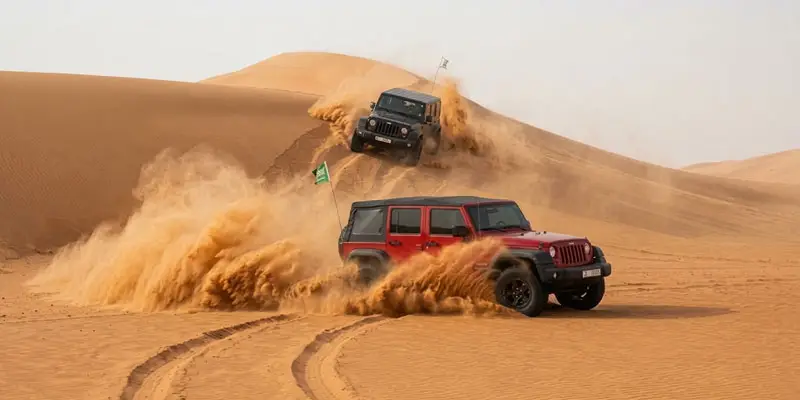 Red and black 4x4 Jeep Wranglers kicking up sand while dune bashing in the Jeddah desert.