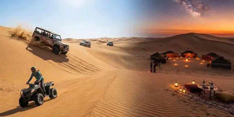 A split-view comparison of high-energy dune bashing and quad biking during a day trip versus a peaceful starlit camp setting, helping travelers decide: Overnight Desert Safari vs. Day Safari in Jeddah - Which is Better?