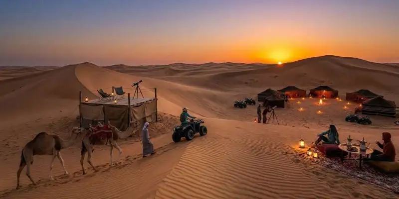 An illustrative scene showing activities like camel riding, quad biking, and traditional dining at a desert camp, perfect for travelers comparing Overnight Desert Safari vs. Day Safari in Jeddah - Which is Better?