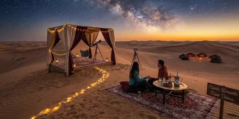 A couple enjoys a private romantic dune dinner with a telescope under a brilliant Milky Way sky, illustrating a key advantage of an Overnight Desert Safari vs. Day Safari in Jeddah - Which is Better?