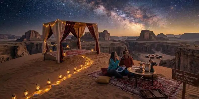 A couple enjoys a private romantic dune dinner with a telescope under a spectacular Milky Way sky, showcasing one of the Best Romantic Desert Experiences in Jeddah for Couples.