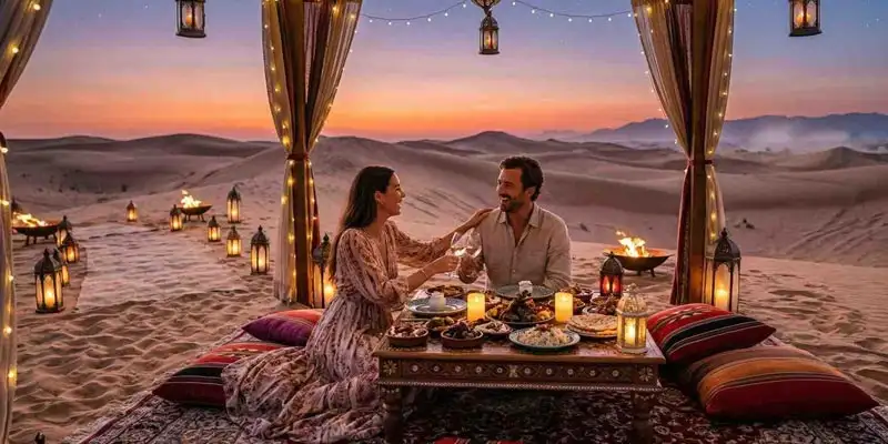A pair sharing a top-rated desert date night in Jeddah, lounging on floor cushions and woven rugs beneath a glowing canopy as the sun dips below the sand dunes.
