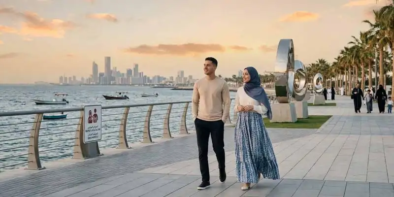 A couple walking along the Jeddah Corniche at sunset; the woman wears a modest hijab as they stroll by the water, highlighting one of the premier date activities for pairs in Jeddah.