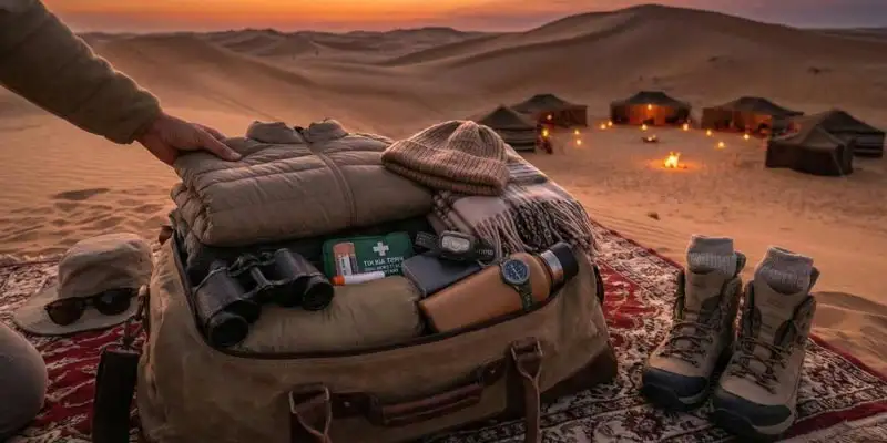 A close-up view of a packed duffel bag, showing exactly What to Pack for an Overnight Desert Safari in Saudi Arabia, featuring a warm jacket, beanie, hiking boots, and other essential travel gear set against a backdrop of a Bedouin camp at sunset.