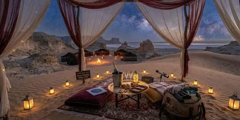 A luxury setup featuring silk drapes, floor cushions, and a gourmet spread, illustrating the premium side of What to Pack for an Overnight Desert Safari in Saudi Arabia for a romantic evening.