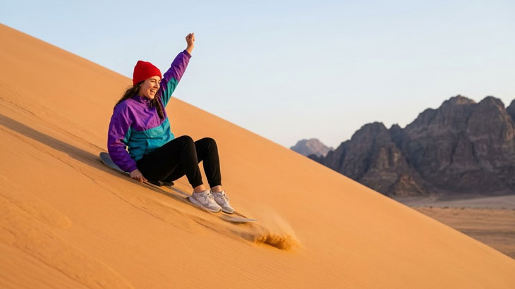 A woman in a purple jacket and red beanie cheers as she slides down a steep sand dune on a sandboard.