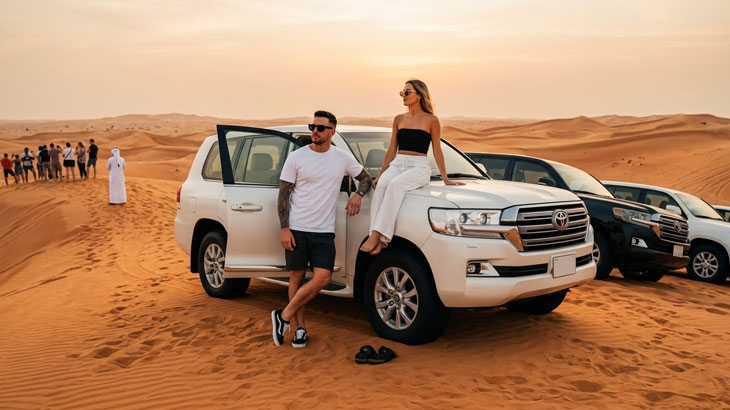 A couple leans against a white SUV at the top of a sand dune, watching the sunset with other safari groups in the background.