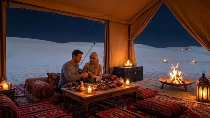 A couple enjoys a traditional Arabic meal inside a lit tent in the Jeddah desert at night, featuring floor seating, lanterns, and a campfire outside.