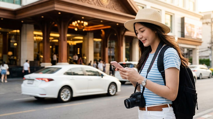A woman in a sun hat and backpack checks her phone while standing on a city street in Jeddah with a classic building in the background.