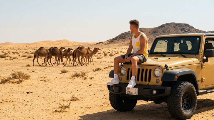 A man sits on the hood of a tan Jeep in the desert, looking out at a herd of wild camels grazing in the distance.