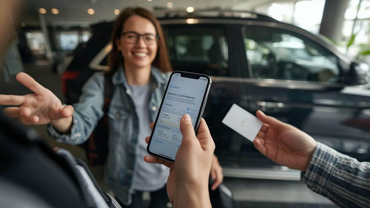 Free cancellation desert safari Jeddah support shown with a traveler holding a booking phone screen while a guide reassures next steps.