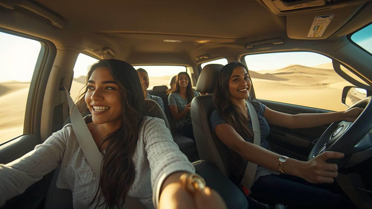 Dune bashing Jeddah action shot inside a 4x4 SUV with seatbelts on and dunes moving past the windshield.