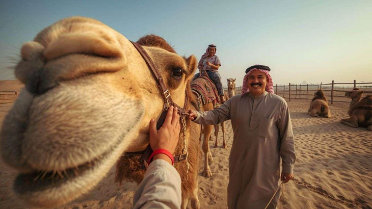 Camel farm Jeddah stop with a traveler close-up interacting with a camel and a handler guiding a safe camel ride nearby.
