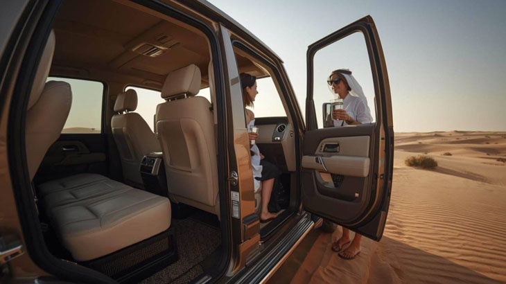 Private desert safari Jeddah experience featuring a close-up couple beside a 4x4 with personalized service in a quiet dune setting.