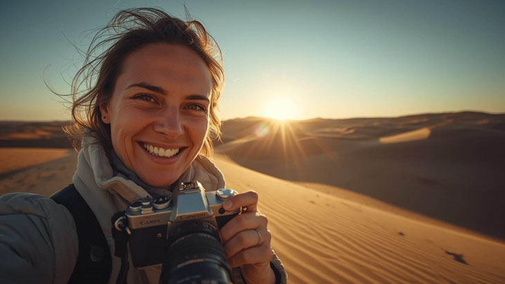 Best time for desert safari in Jeddah captured in early morning golden-hour light with long dune shadows and crisp horizon lines.