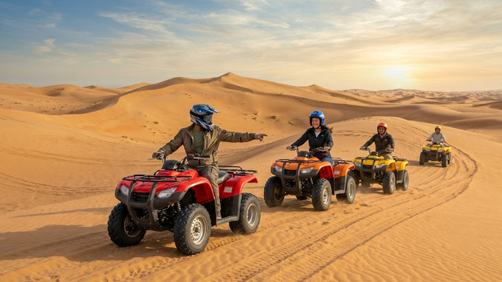 Group of riders on red and yellow quad bikes driving across golden sand dunes in Jeddah Desert at sunset, with one rider pointing ahead.
