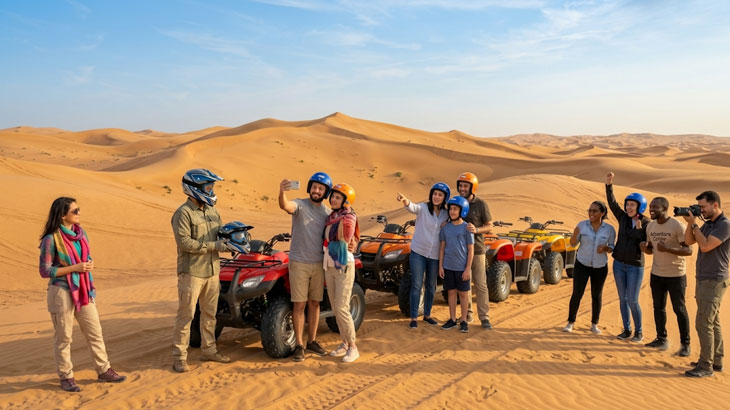 Diverse group of tourists posing for a selfie with quad bikes in the Jeddah Desert sand dunes, smiling and enjoying the desert adventure.
