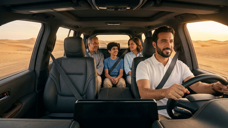 Smiling family of four inside a modern SUV, driving through the scenic sand dunes of Jeddah Desert during golden hour.